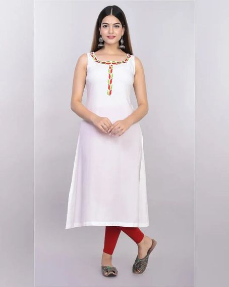 Long Plain White Sleeveless Kurti with Boat Neck Design