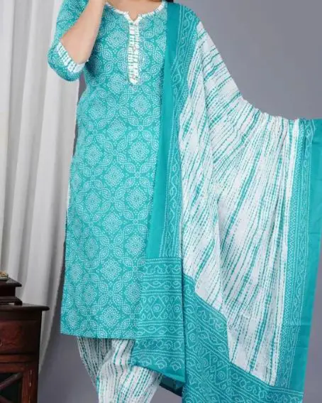 Lovely Bandhani Kurti Neck Design with a Round Cut and an Open