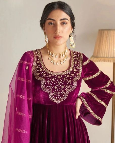Lovely U-Cut Neck Design with Embroidery Pattern of a Maroon Velvet Kurti