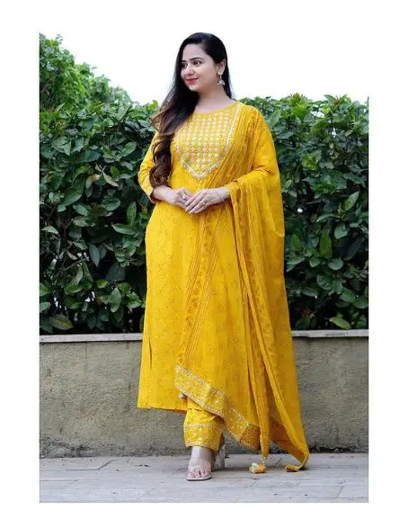 Lovely Yellow Kurti Set with Thread Embroidery for Haldi Function