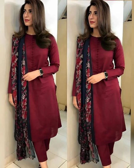 Maroon Color Long Kurti Set with High Neck and Full Sleeves