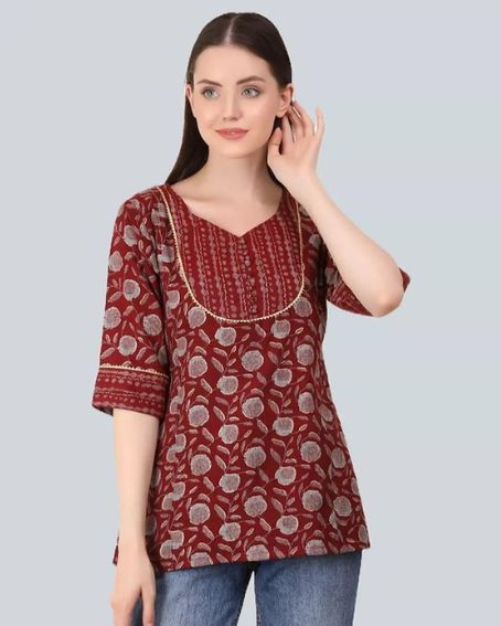 Maroon Floral Printed Cotton Short Kurti