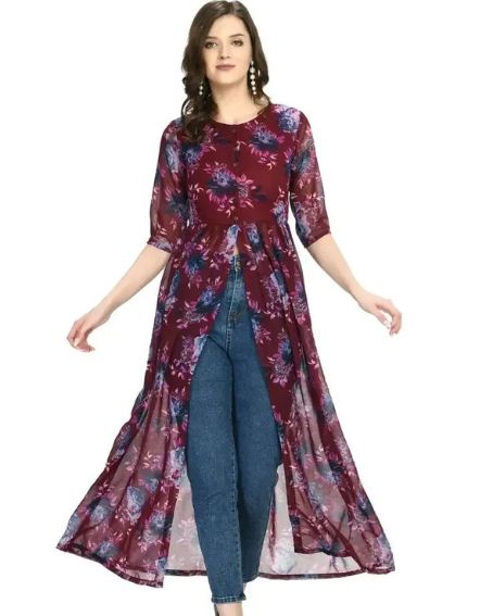 Maroon Georgette Printed Front Slit Kurti
