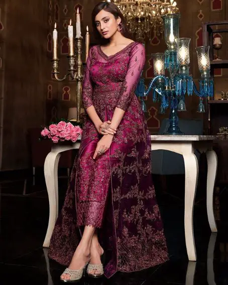 Maroon Netted Fabric Long Kurti with Cigarette Pant
