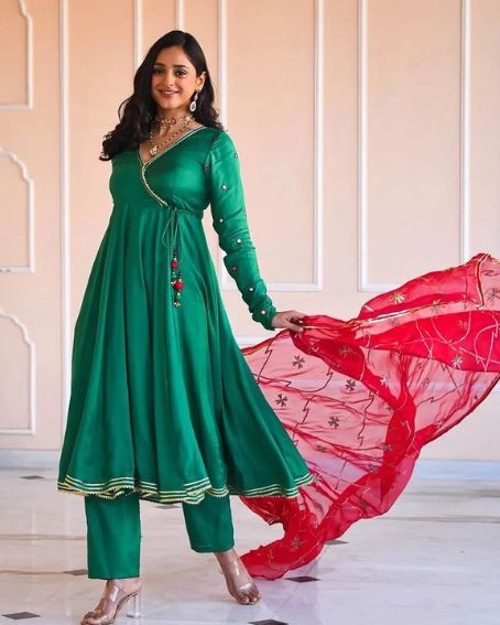 Mirror Work on Sleeve Green Anarakali Kurti