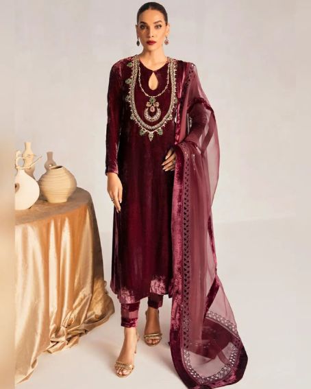 Modern Red Velvet Kurti with a Keyhole Neck Design