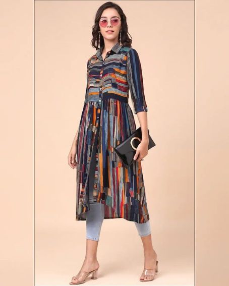 Multi Colored Collared Kurti with a Front Slit for Jeans