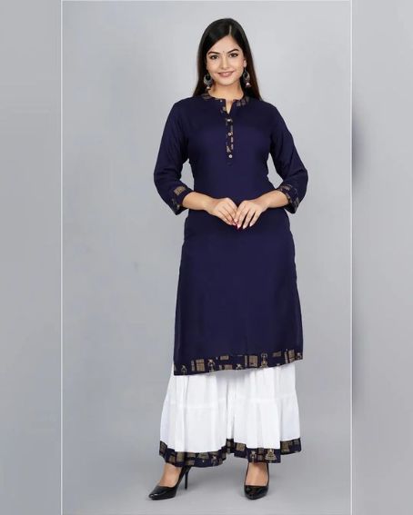 Navy Blue Long Kurti with Contrast White Palazzo