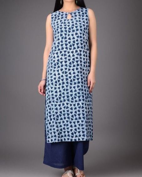 Navy Blue Long Sleeveless Kurti with Boat Neck Design