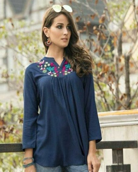 Neck Embroidery Navy Blue Short Kurti