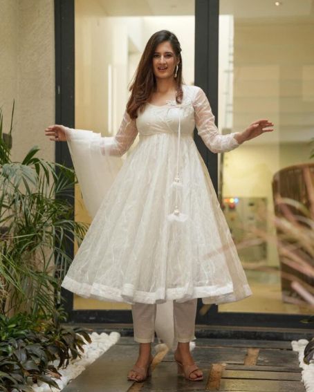 Organza Silk Fabric Plain White Anarkali Set with Tassels