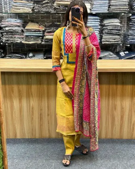 Party Wear Mustard Color Long Kurti Set with Pant and Dupatta