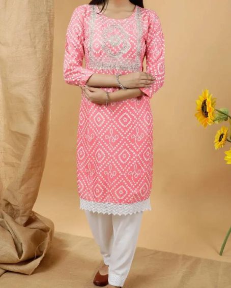 Peach Bandhani Kurti with Round Neck Design