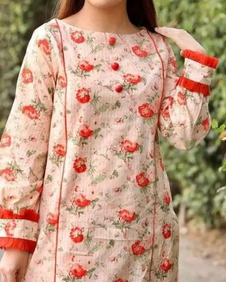 Peach Color Floral Pattern Kurti with Boat Neck Design