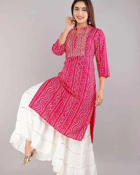 Pink Bandhani Printed Kurti Round Collar Neck Design