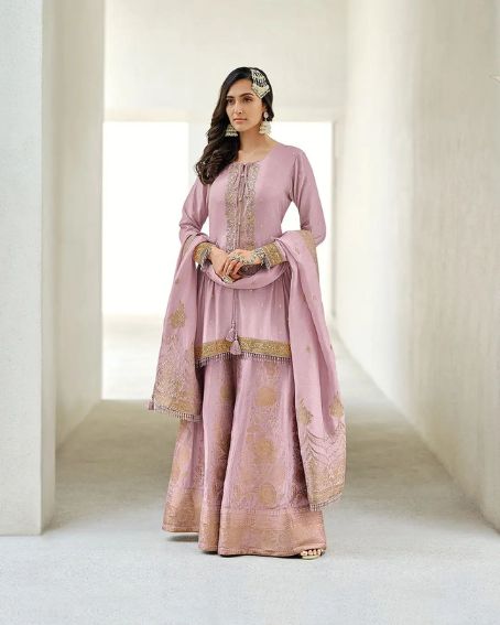 Pink Designer Pakistani Long Kurti with a Lehenga with Golden Embroidery