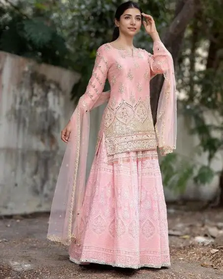 Pink Embroidered Sharara Suit with Short Kurti