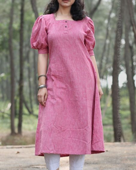 Pink Kurti with Balloon and Cuff Half Sleeves Design