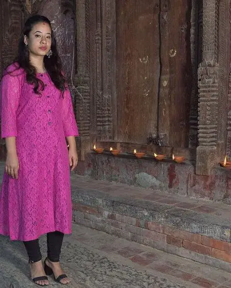 Pink Lace Work Long Kurti with Jeans