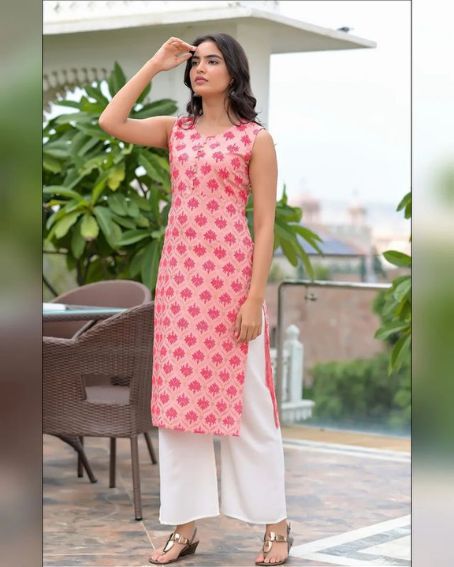 Pink Sleeveless Kuti with Plain White Palazzo