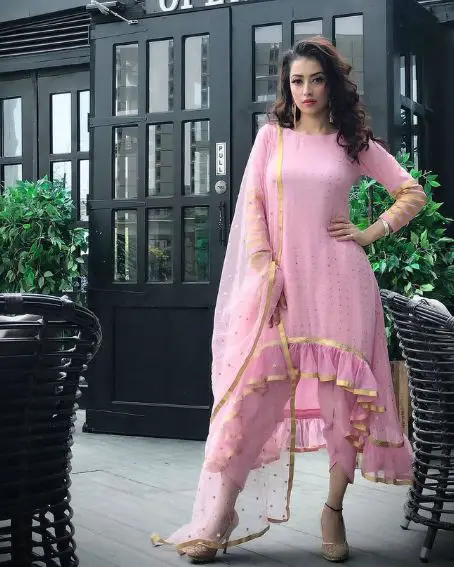 Pink Up and Down Kurti with Boak Neck Design