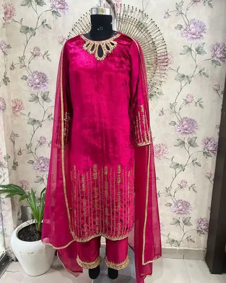 Pink Velvet Kurti with Lovely Embroidery Neck Design
