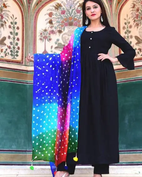 Plain Black Long Gown Kurti with Rainbow Color Printed Dupatta