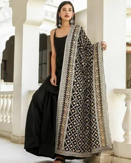 Plain Black Short Kurti with Sharara Suit and Heavily Embroidered Dupatta
