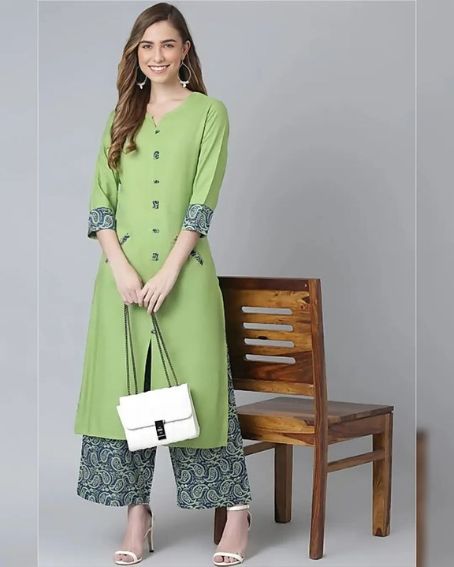 Plain Light Green Long Kurti in Three-Fourth Sleeves and Palazzo