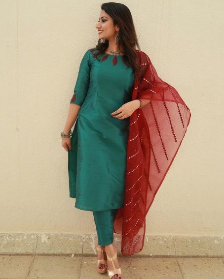 Plain Stitched Long Green Kurti with a Cigarette Pant