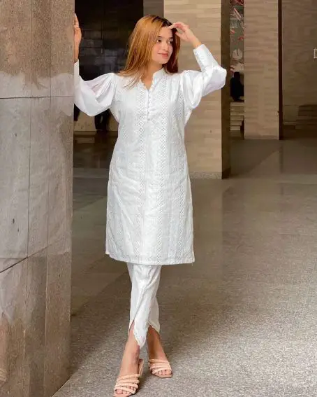 Plain White Kurti with Chikankari Work and Pearl Embellished Neckline