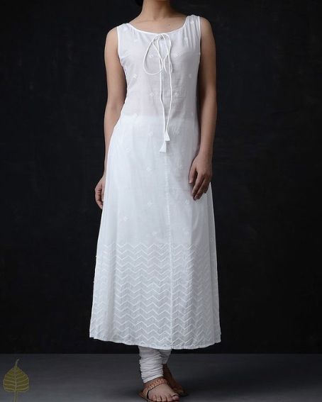 Plain White Long Kurti Design with Dori and Sleeveless