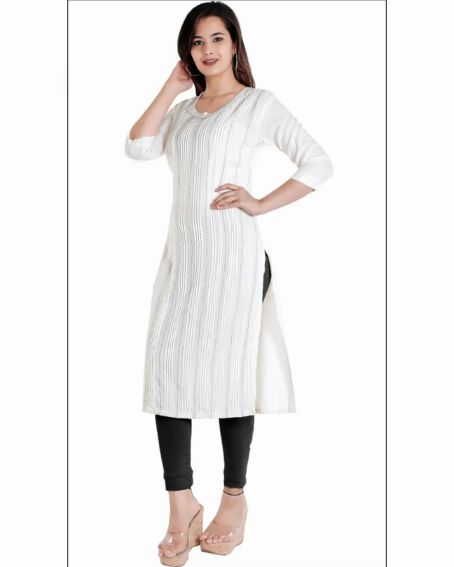 Plain White Straight Kurti Design with Striped Pattern Lines