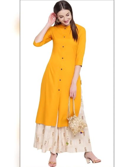 Plain Yellow Long Kurti with High Neck Design and Printed Palazzo