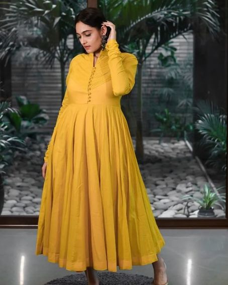 Plain Yellow Pleated Gown with Collar Neck Design