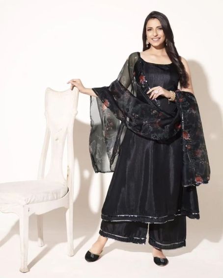 Plain a Line Black Kurti with Palazzo and Dupatta