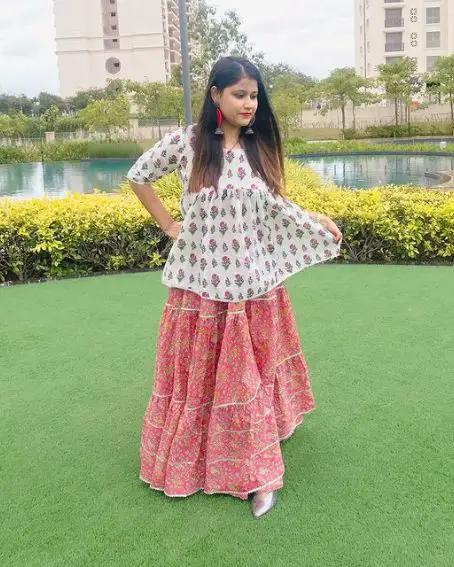 Pleated Front Kurti with Long Pink Skirt