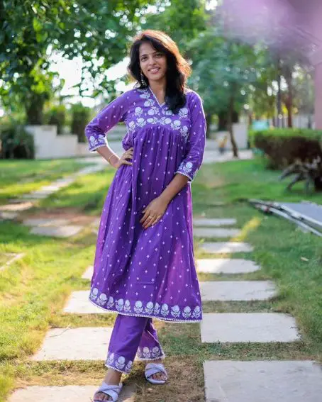 Pom Pom Neck Embroidery Purple Kurti