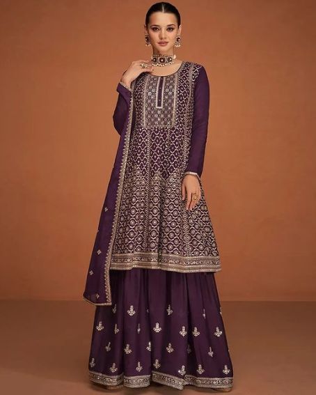 Purple Long Kurti with Embroidery and Lehenga Set