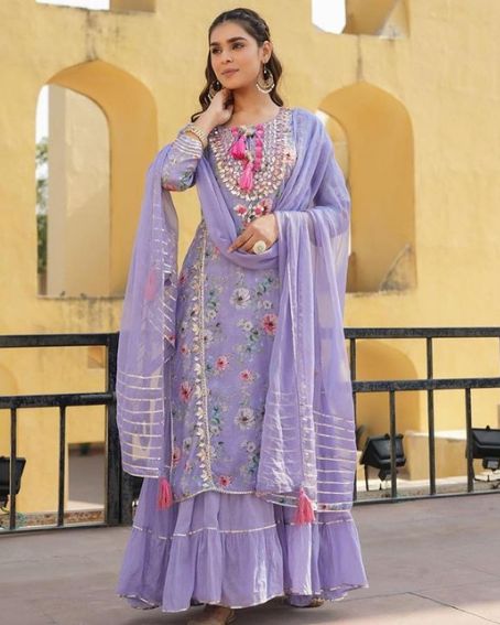 Purple Pakistani Long Kurti with Frill Lehenga