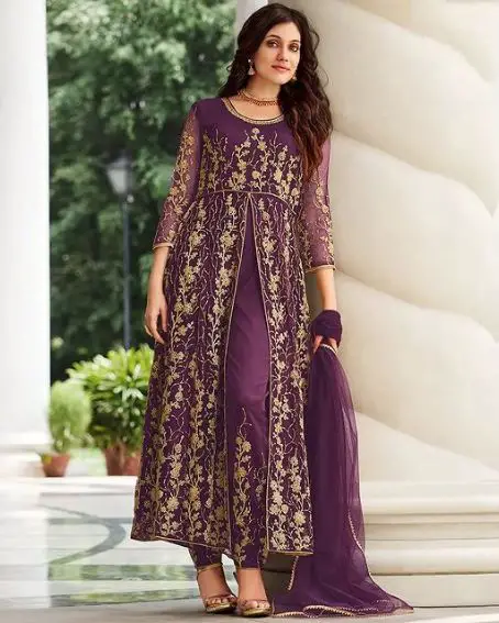 Purple and Gold Mix Long Kurti with Front Slit and Cigarette Pant