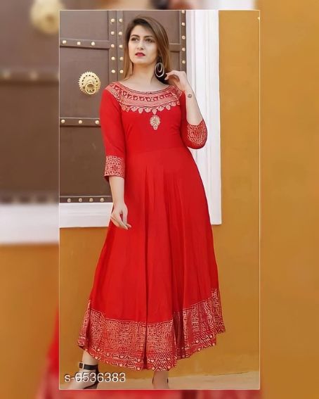 Radiant Red Kurti with Printed Embroidered Boat Neck Design