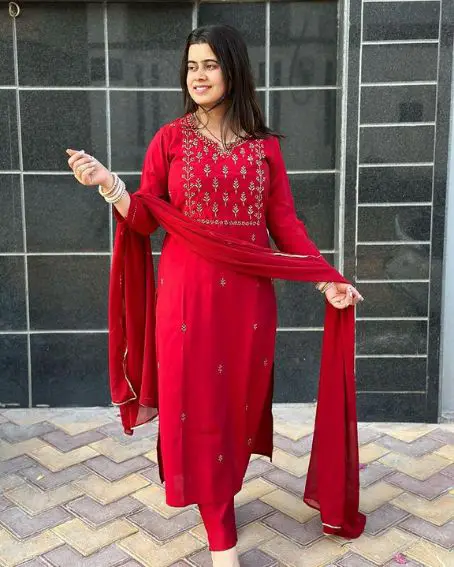 Radiant Red Long Kurti Set with Embroidery Pattern