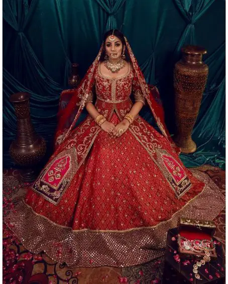 Radiant Red Pakistani Wedding Designer Long Kurti with Lehenga
