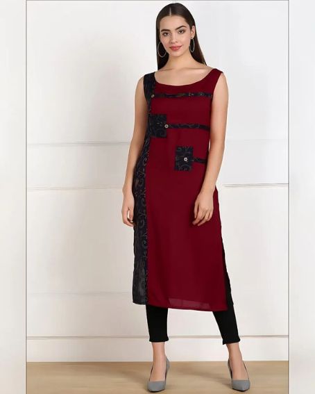 Radiant Red and Black Mix Sleeveless Kurti with Boat Neck Design