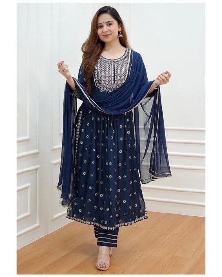 Rayon Fabric Embroidered Blue Naira Cut Kurti