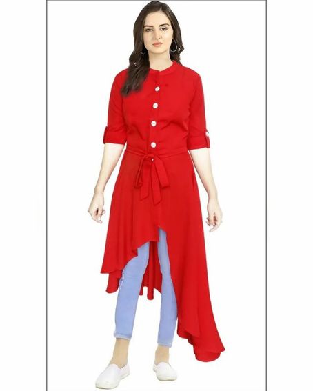 Red Color Asymmetric Crepe Kurti with Jeans