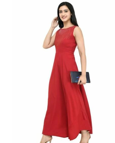 Red Long Sleeveless Gown with Boat Neck Design