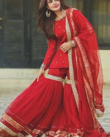 Red Net Fabric Sharara Suit with Full Sleeve Short Kurti