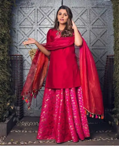 Red Short Kurti with Fuschia Brocade Kurti
